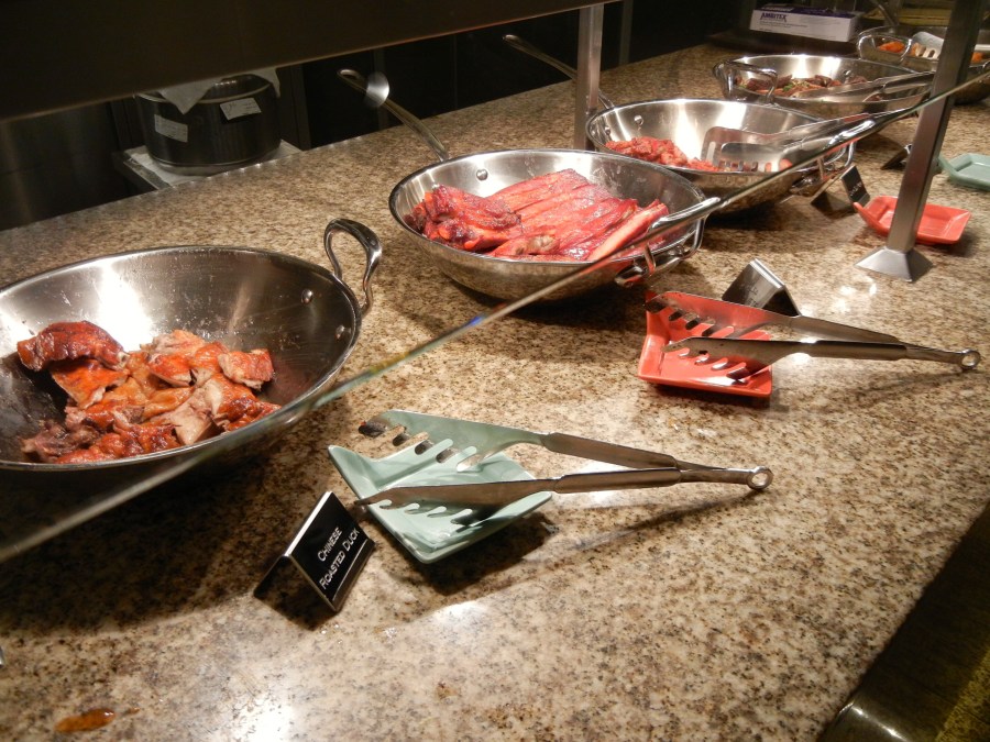 Duck, ribs, pork, and Mongolian beef.