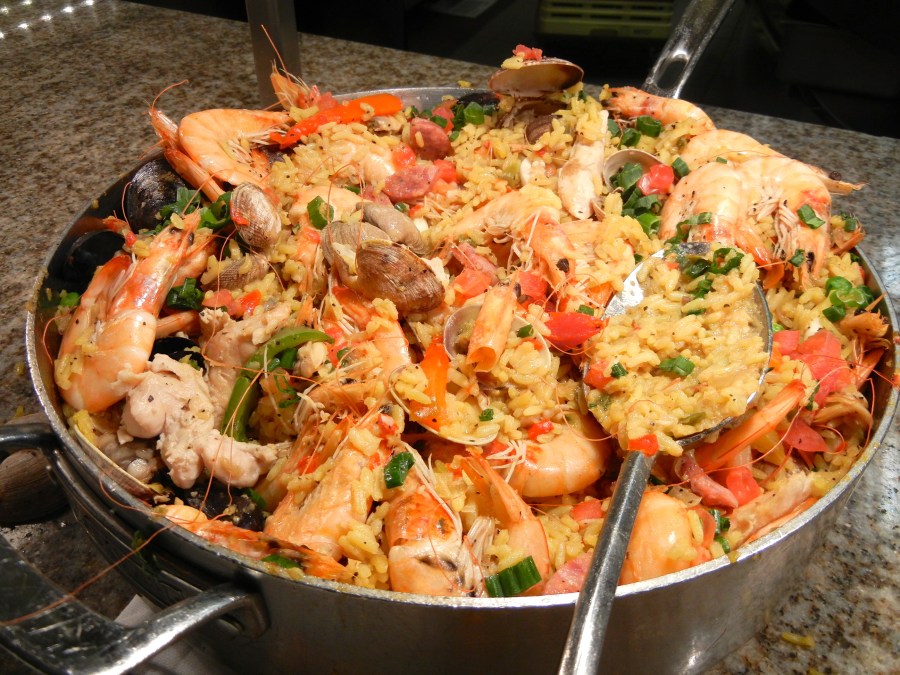 Seafood paella is delicious.
