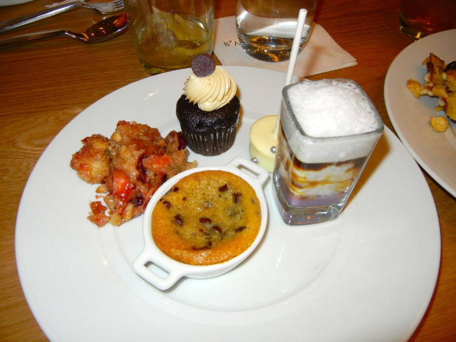 Dessert sampler:  tiramisu, hot cookie, apple-cherry cobbler and a cheesecake lollipop.