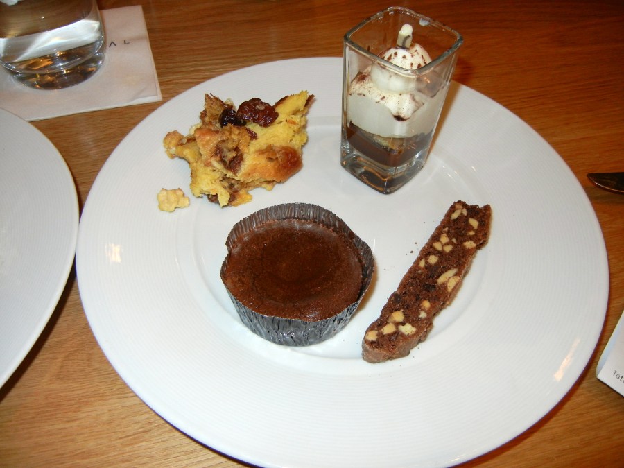 Hot lava cake, tiramisu, cherry bread pudding, biscotti.