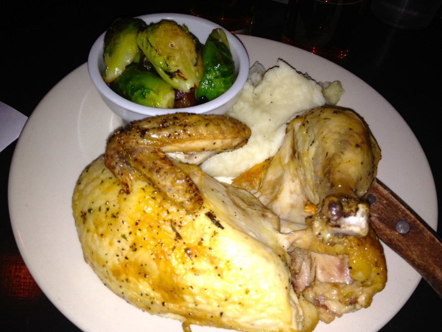 Baked chicken with mash and Brussels.