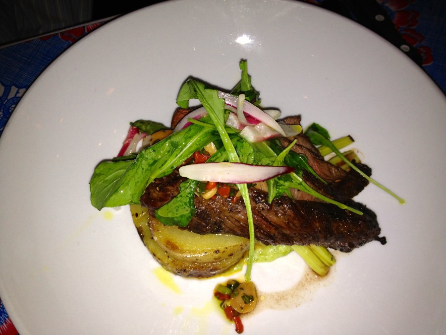 Hanger steak, nice and pink in the middle.